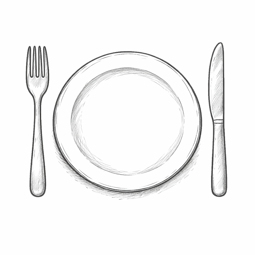 A sketch of a place setting with a plate in the center, a fork on the left, and a knife on the right.