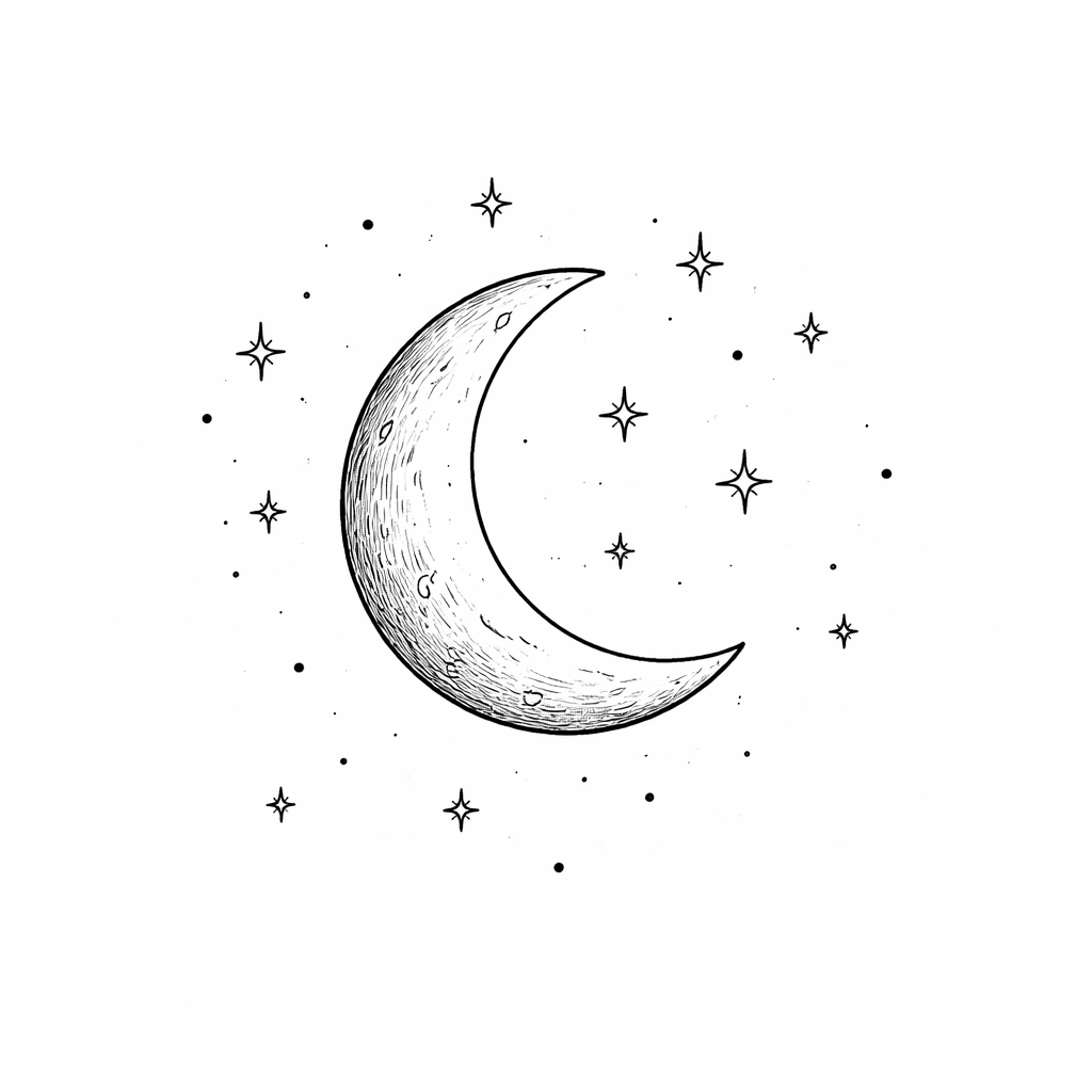A black and white illustration of a crescent moon surrounded by stars and small dots.