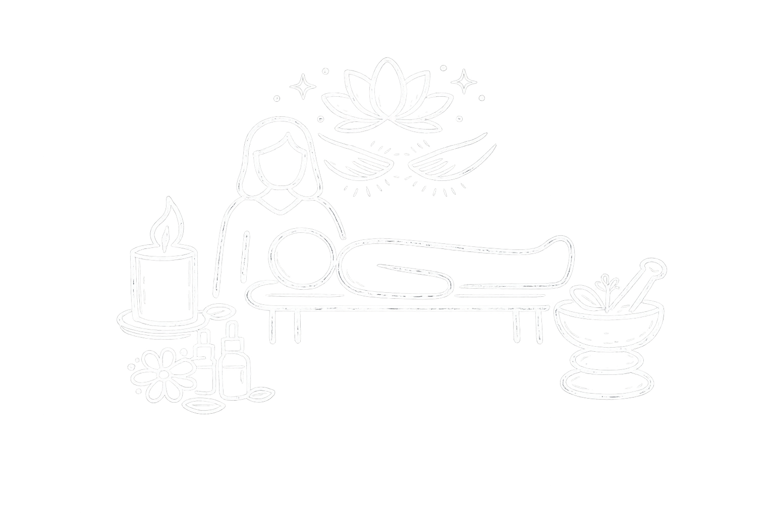 Outline of a person lying face down on a massage table in a wellness or spa setting, with decorative elements like lotus flowers, a candle, essential oils, and a bowl of herbs or plants, indicating a relaxing spa or therapy session.
