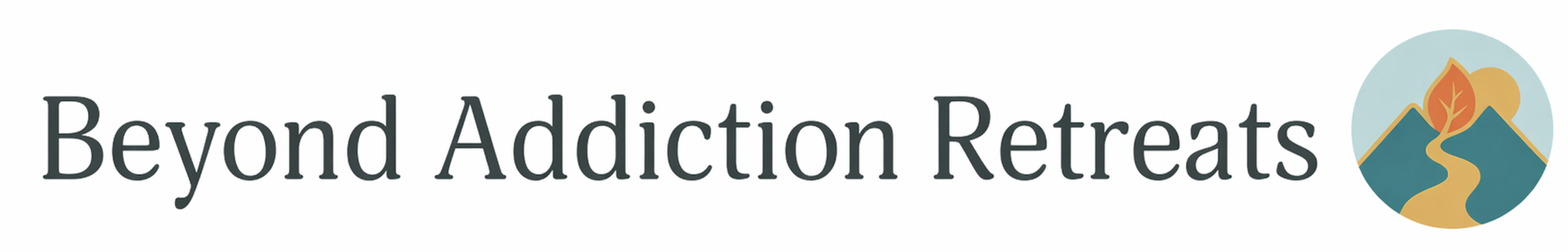 Logo for Beyond Addiction Retreats featuring a mountain trail leading to a tree with a background of mountains and a circular sky.