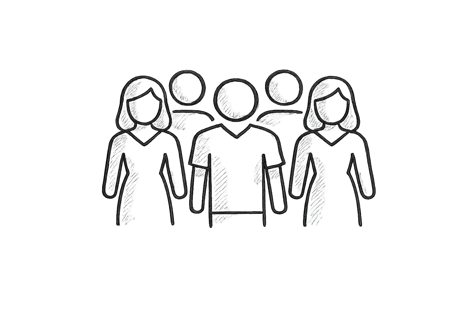A black and white chalkboard-style drawing of three faceless people standing close together, representing a group or community.