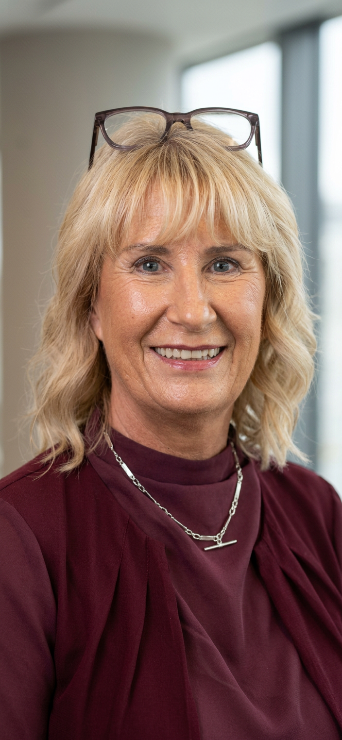 A smiling middle-aged woman with blonde hair, wearing glasses on her head, a maroon top, and a silver necklace, indoors with natural light.