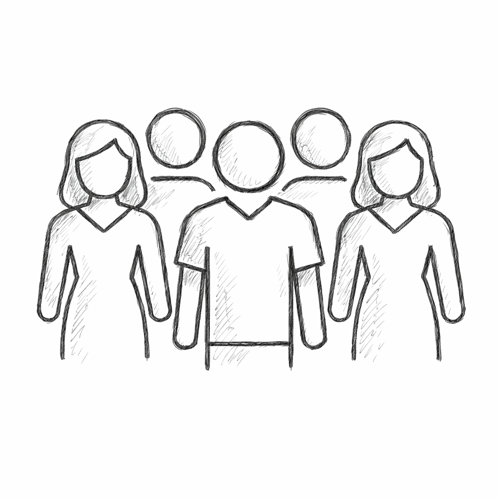 Sketch of five people standing together, two women on the sides and three men in the middle, with no facial features.