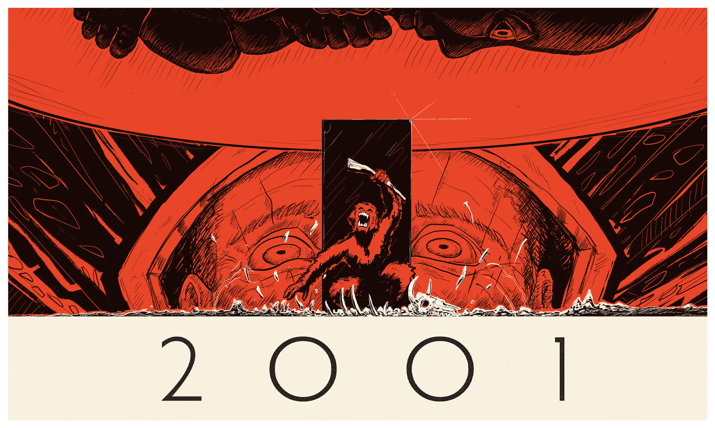 A digital illustrated poster artwork, showcasing central elements of the film "2001 Space Odyssey". The Poster is a homage to the masterwork film. 