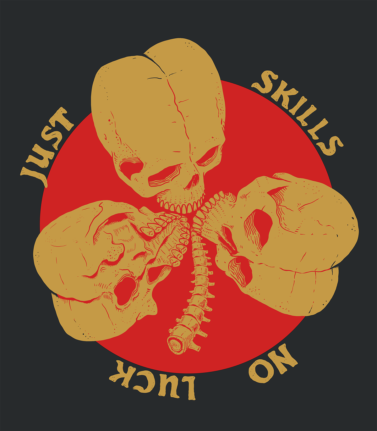 A graphic illustration of a three golden human skulls on a red circle and a dark background.