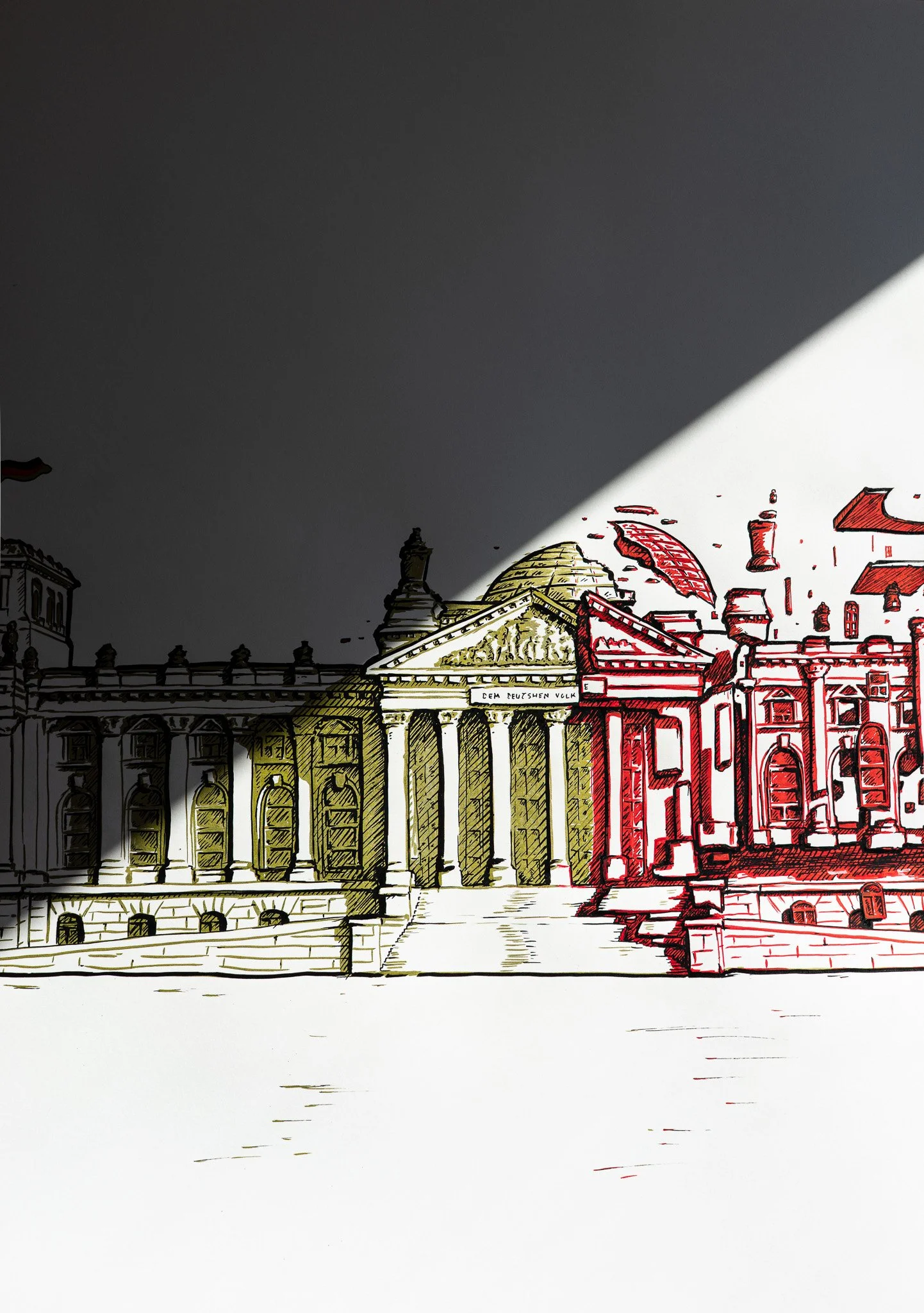 Detail shot of the golden and red illustration of the German Bundestag. The building is dissolving towards the right. A big dark shadow is casting over the image.