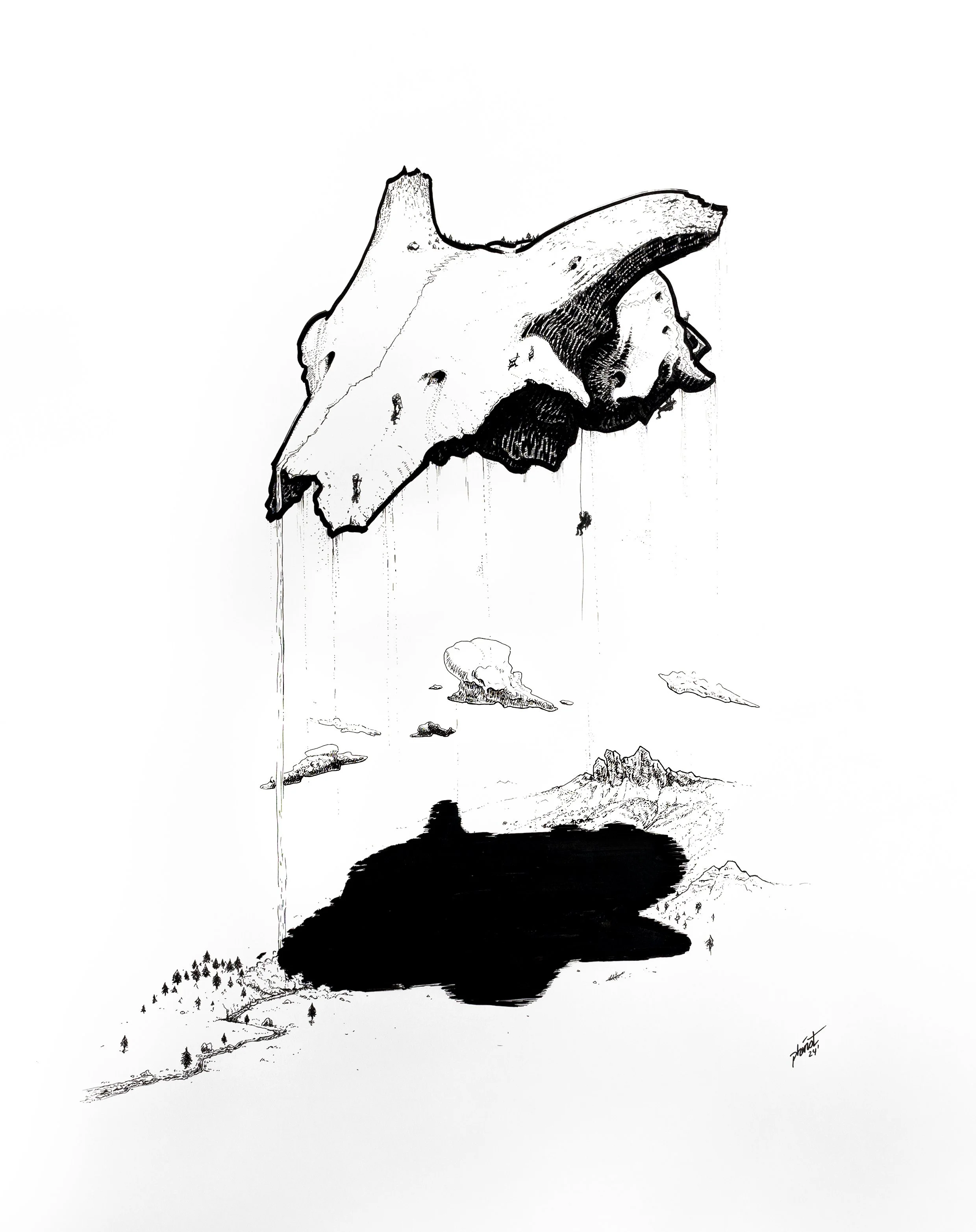 Ink illustration of an old goat skull hovering above a mountain range. Tiny hikers are climbing with robes on the skull.