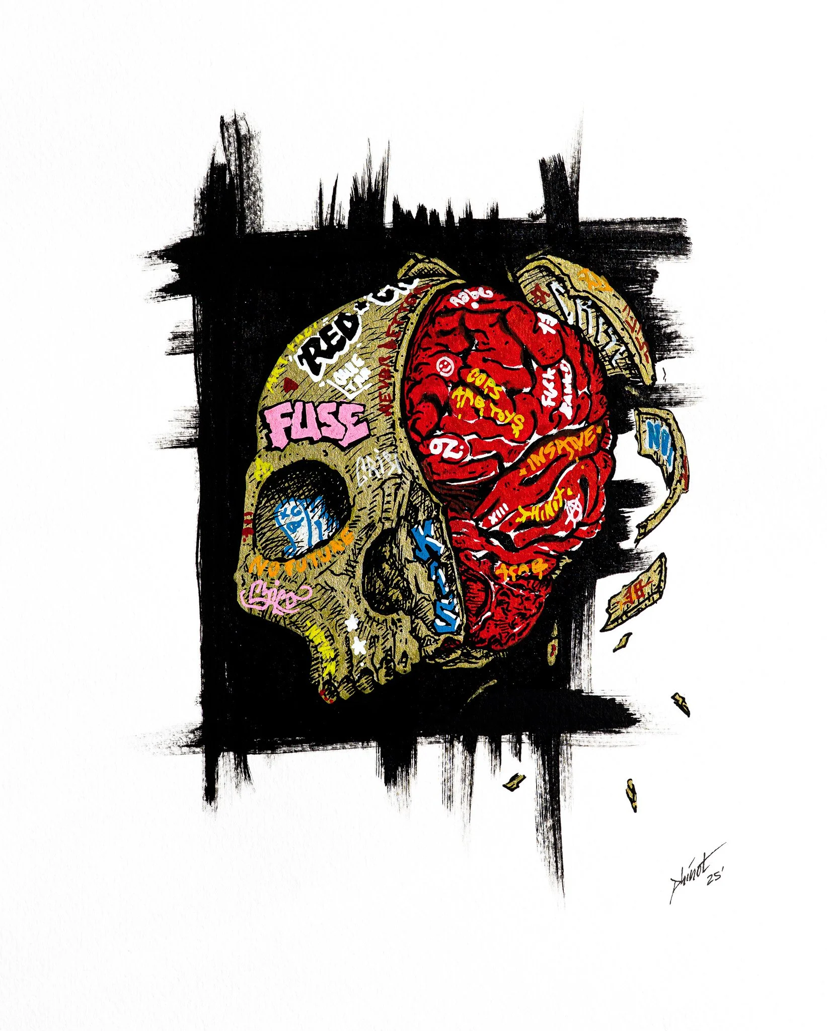 A colorful artwork of a human brain with graffiti-style text, blending vivid colors with black and white background.