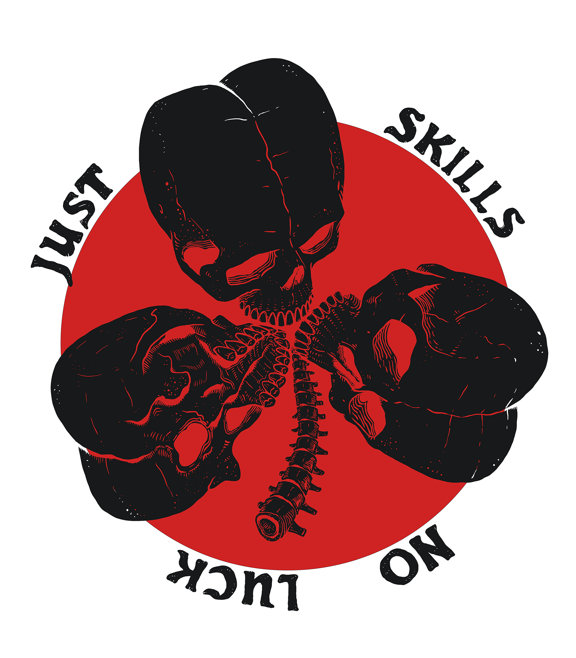 A graphic illustration of a three black human skulls on a red circle. 