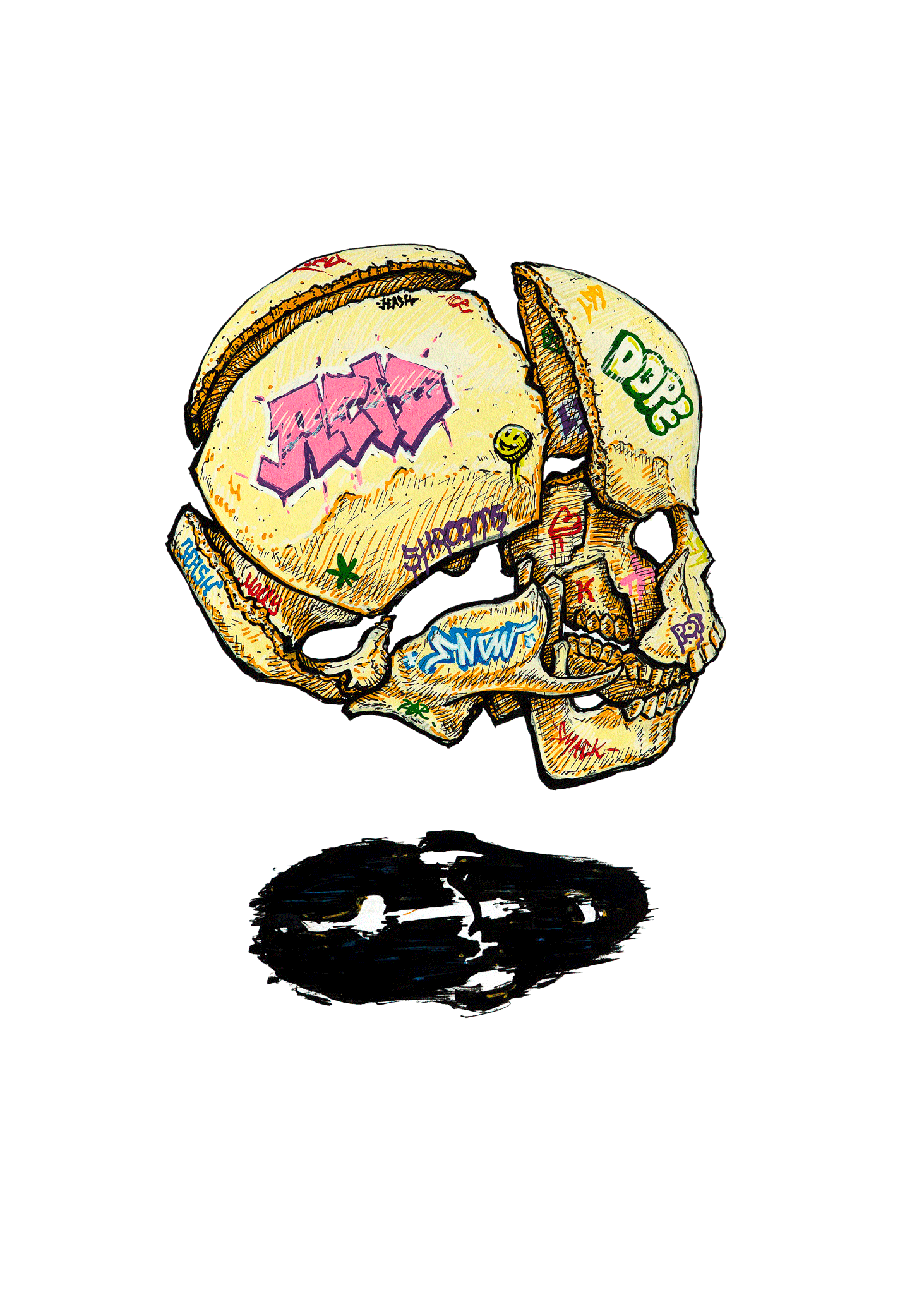 A colorful graffiti-style drawing of a human skull with various tags and urban graffiti on light background.