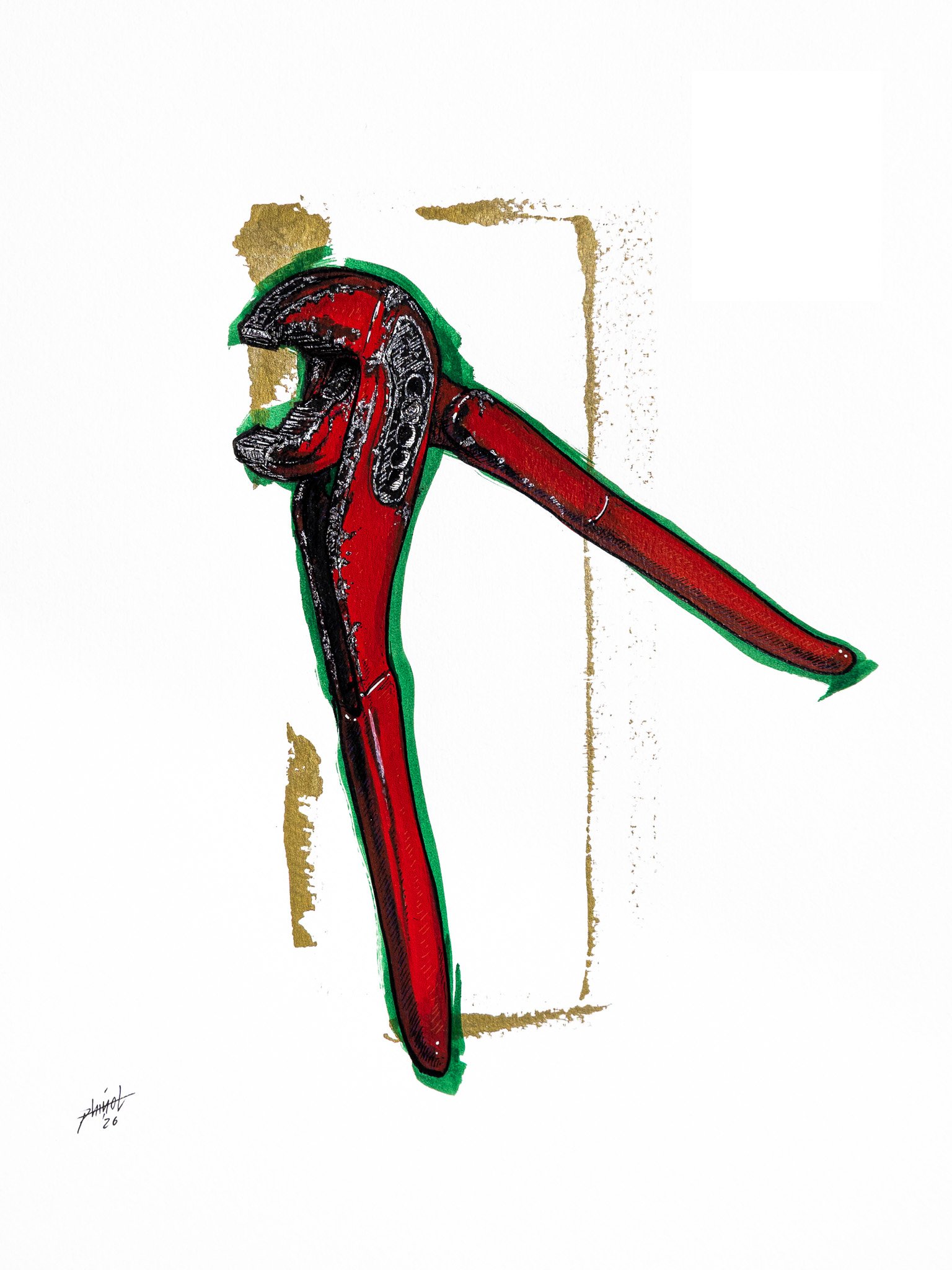 Part of Phinot's series "TOOLS".  A drawing of a red pipe wrench. The pipe wrench is old, used and has a golden frame.
