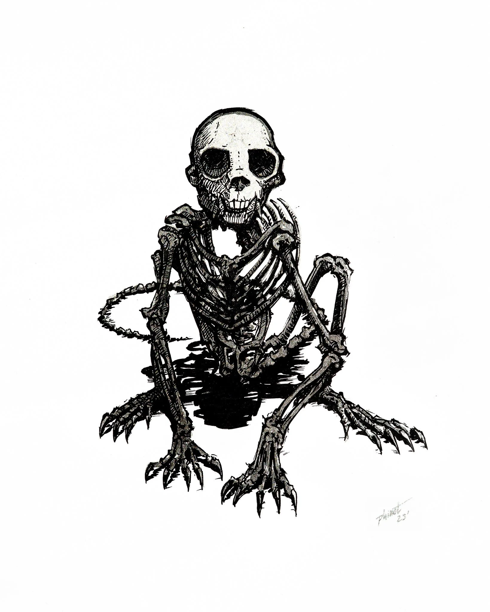 Illustration of a chrome skeleton showcasing a tiny monkey in human posture.