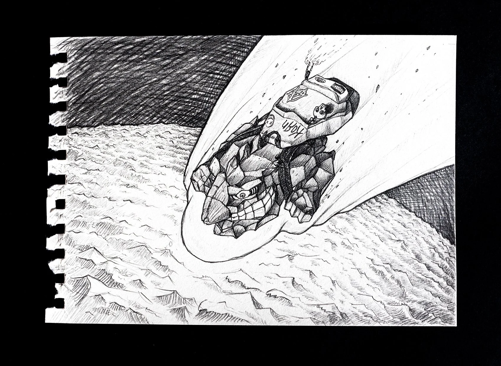 A detailed pencil drawing of comet character flying towards earth. The comet wears a backpack with signs of youth culture and punk rock.