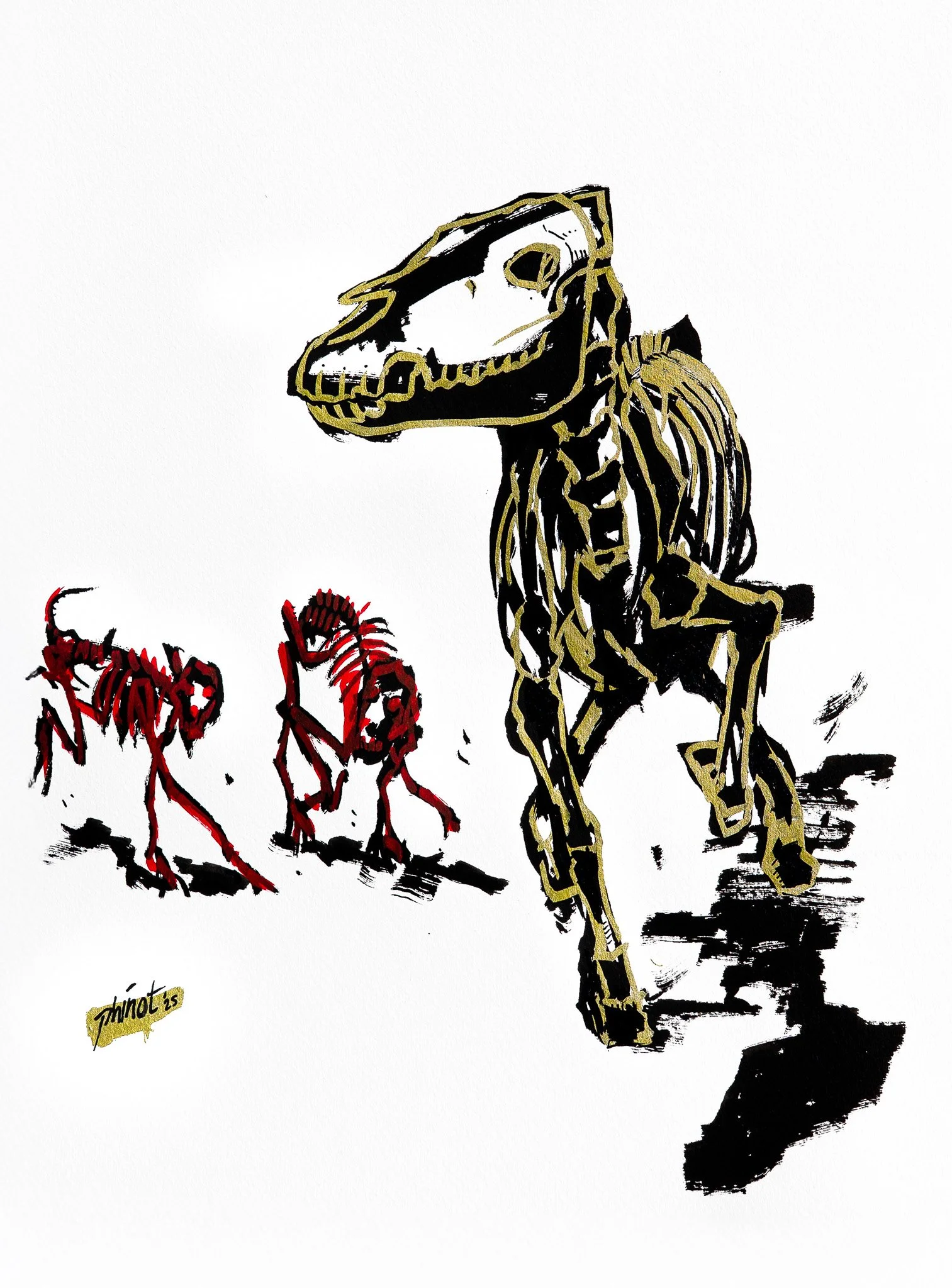 rough illustration of two red wolf skeletons hunting a golden horse skeleton.
