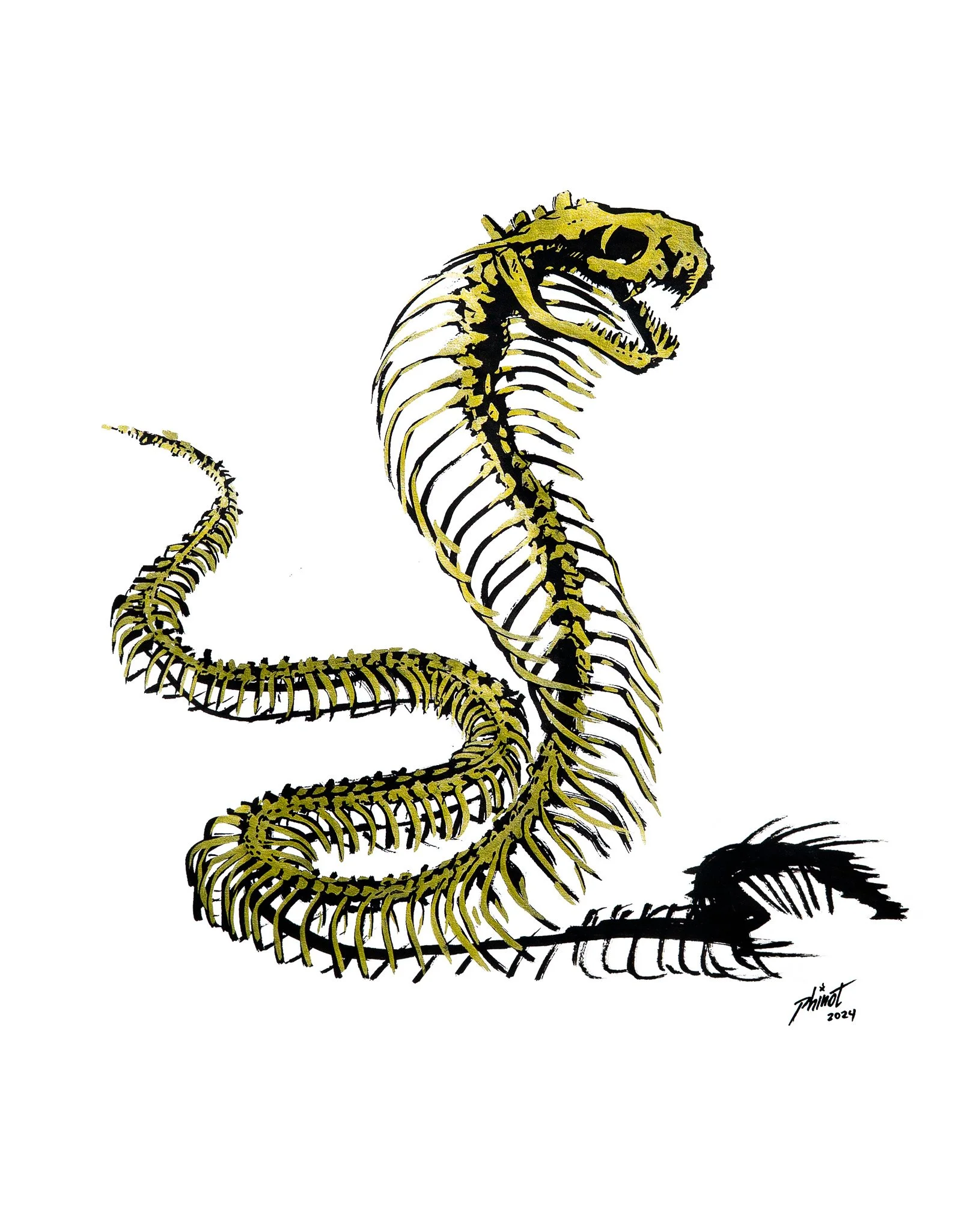 Illustration of a golden cobra skeleton.