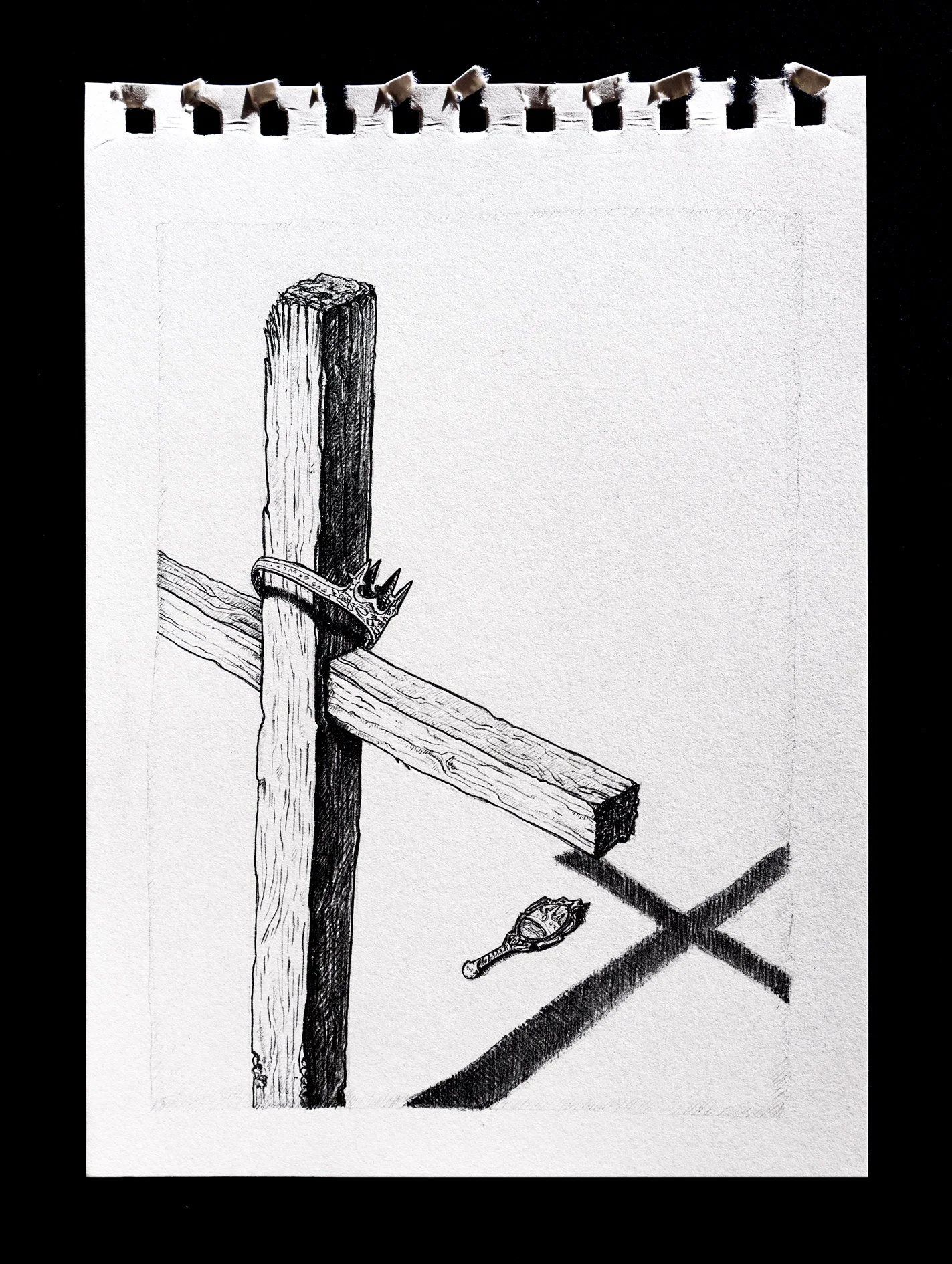 A detailed pencil drawing of a cross casting a long shadow on the ground. Around the central beam of the cross hangs a crown. Beneath the cross lays a mirror, reflecting an image of the crown.