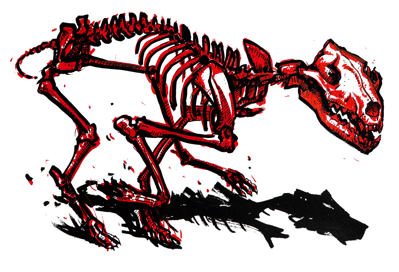 Red and black illustration of wolf skeleton, running with rage.