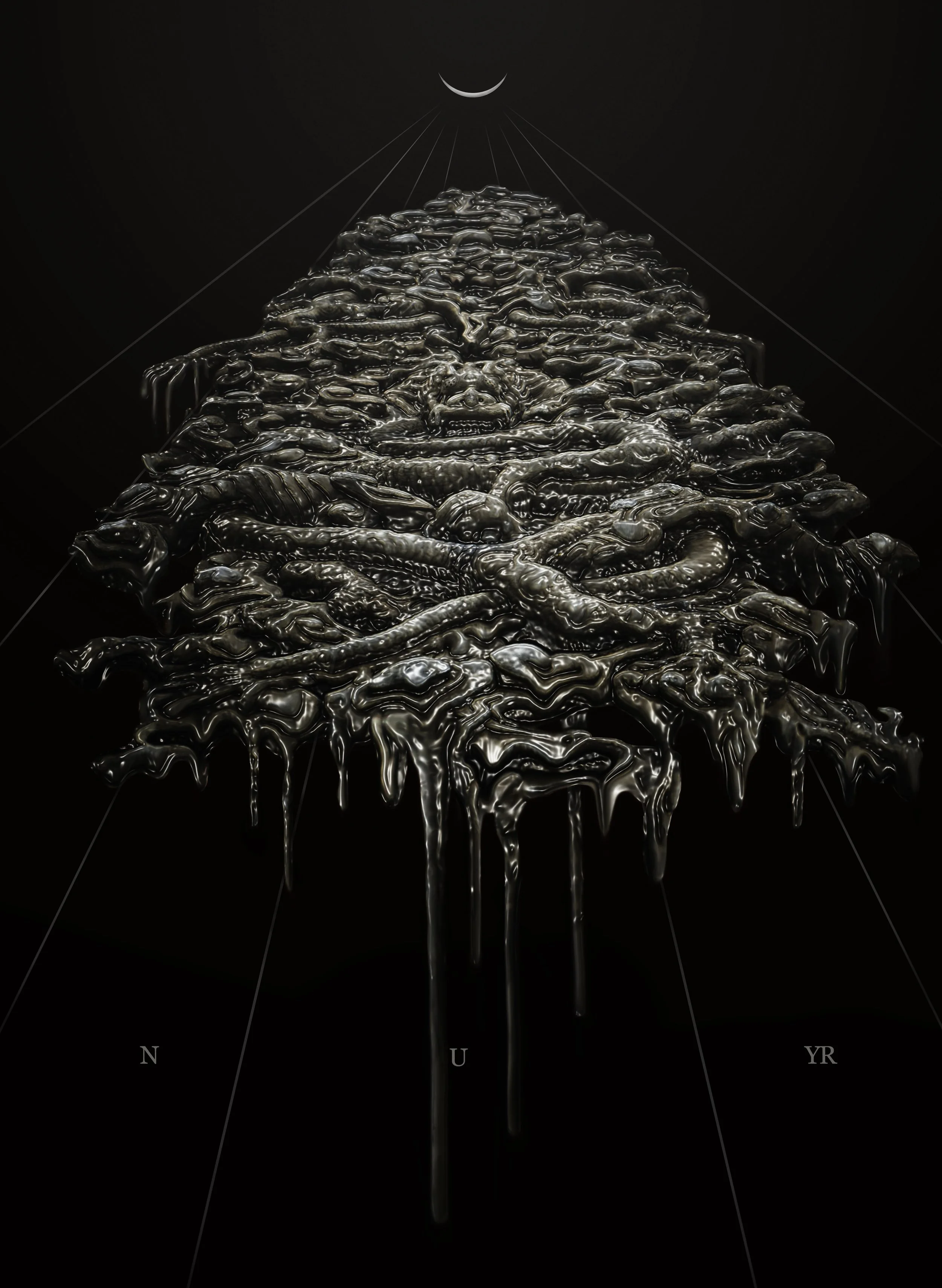 Digital artwork representing the Chinese legend of Niang, the beast of new year. The beast creature is shaped like a chrome-coloured pyramid and dissolves in drips.