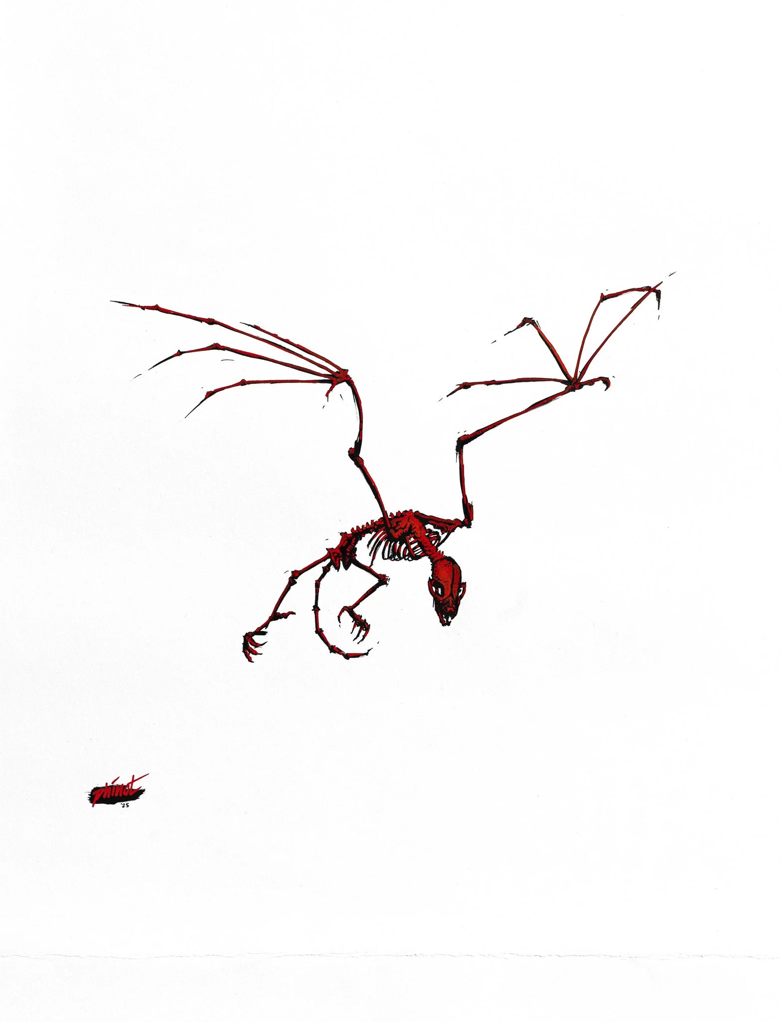 illustration of a fire red bat skeleton on a white background.