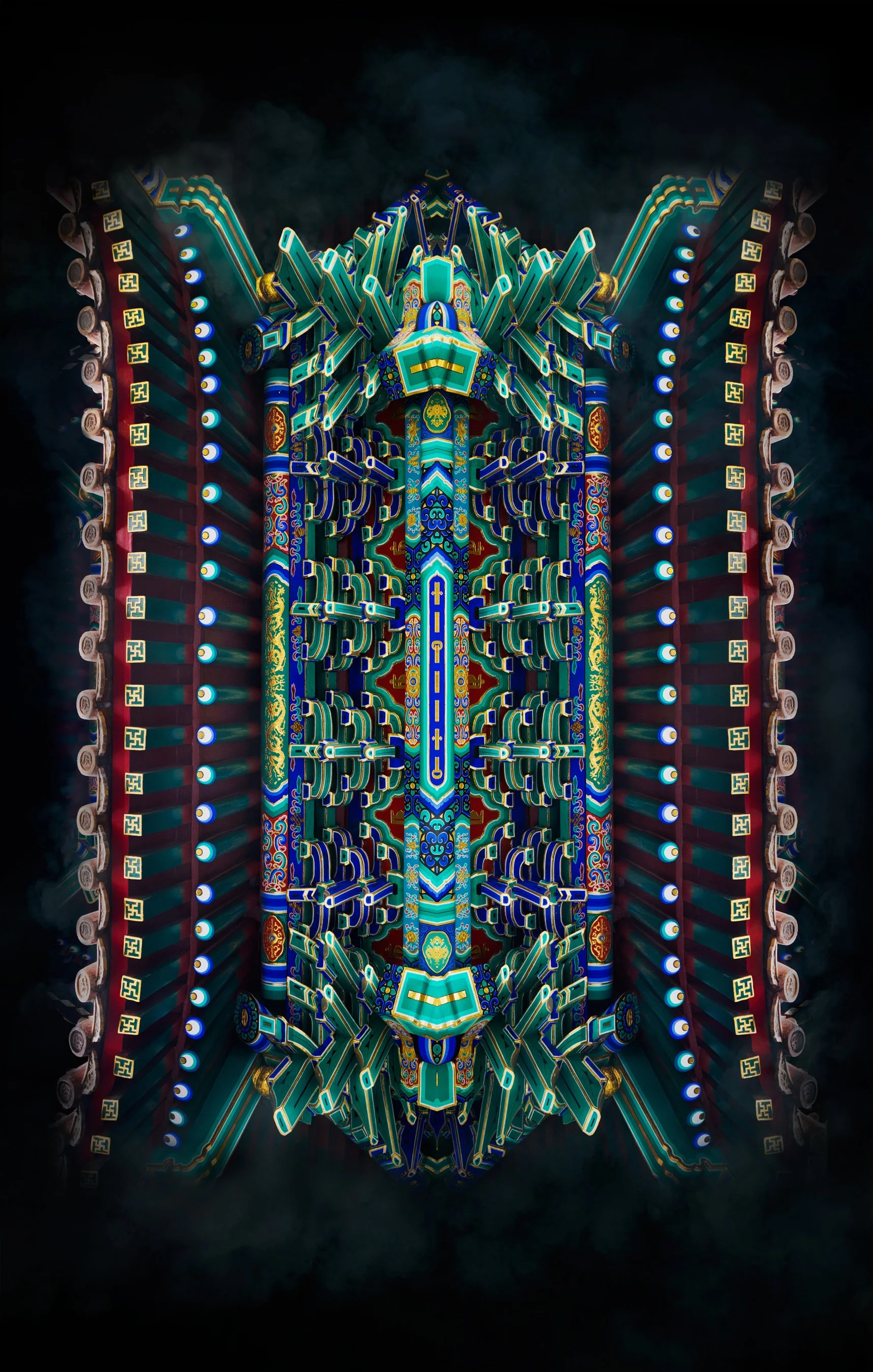 Part of the Series "Yonghe". The fascade of a Tibetan temple in Beijing is digitally mirrored to evoke a new form. The image appears like from a kaleidoscope distorted world.