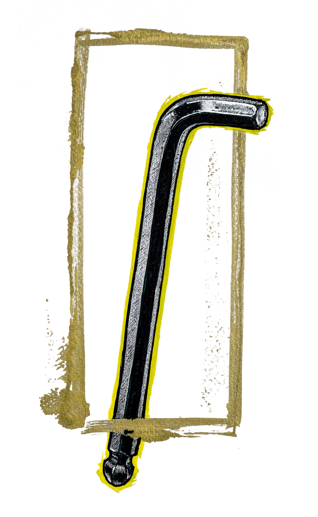 Sketch of a black hex wrench on a white background with a gold rectangle frame.
