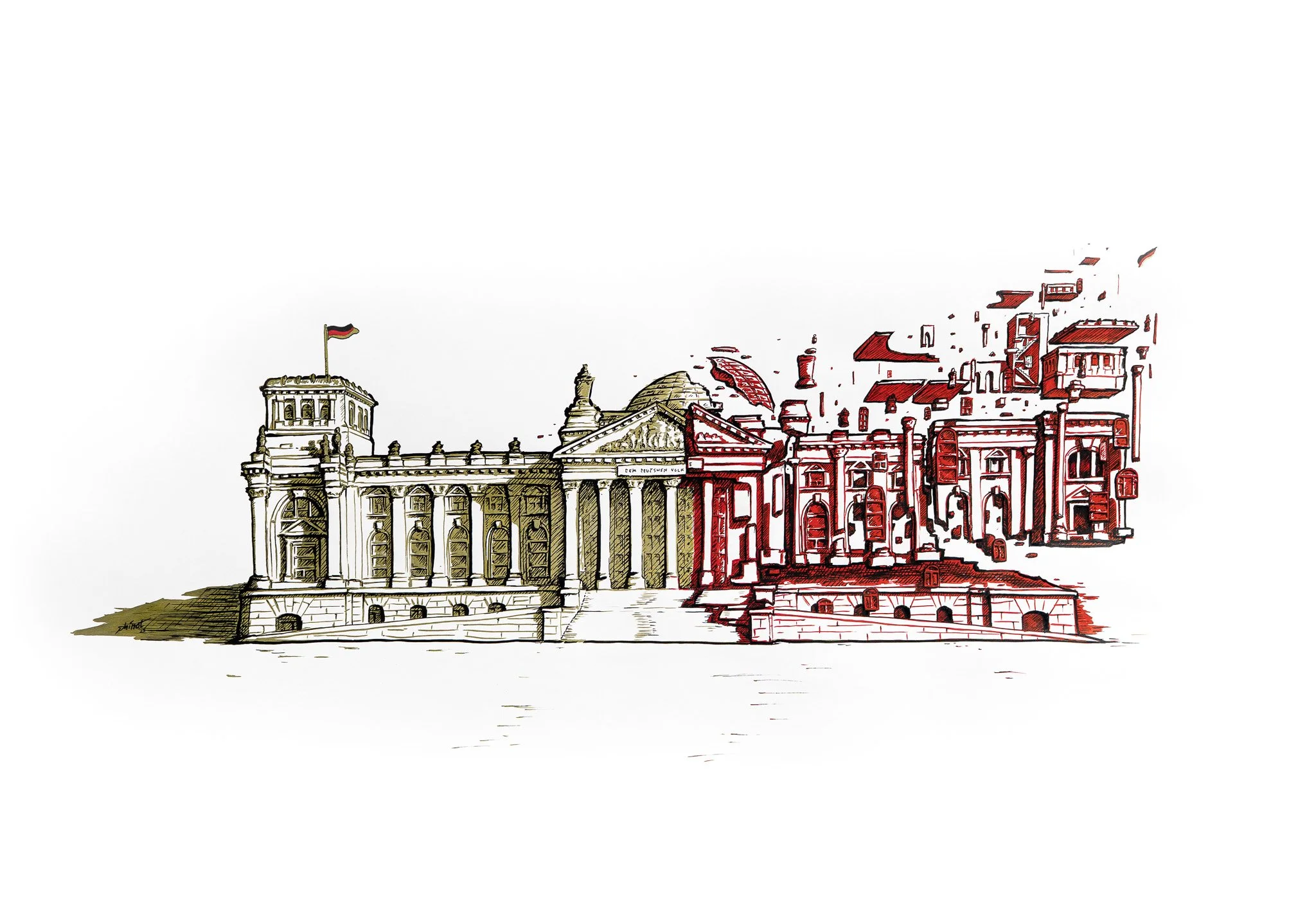 Detailed golden and red illustration of the German Bundestag. The building is dissolving towards the right.