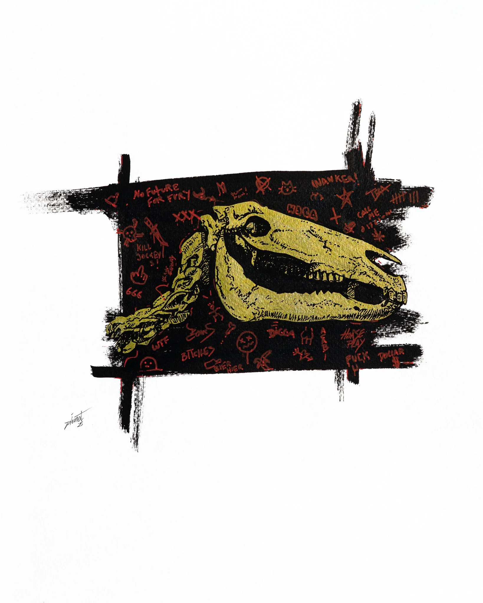 Drawing of a golden horse skull on a black rectangle background. The black rectangle is covered in red graffiti's and swear words. 