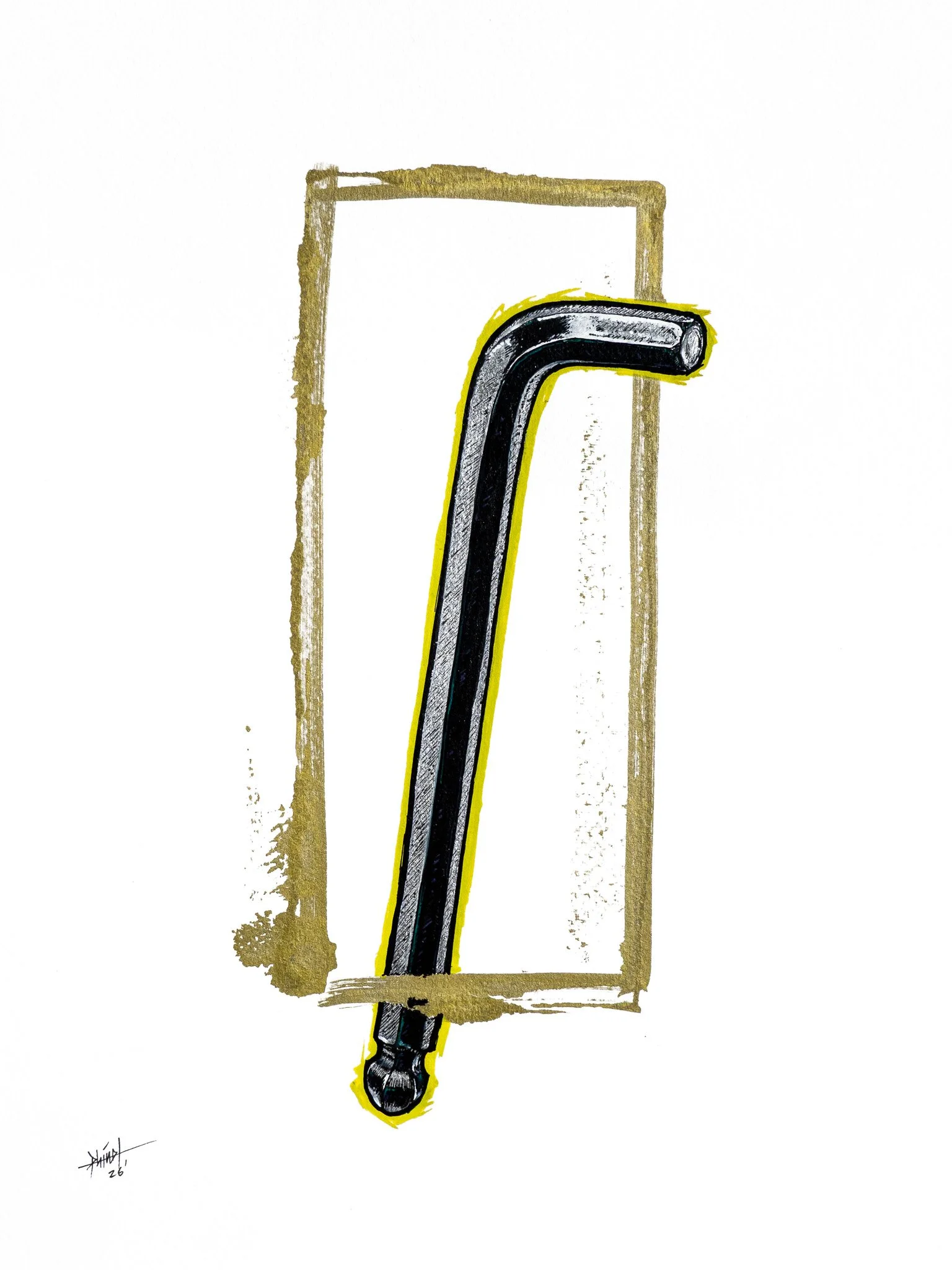 Part of Phinot's series "TOOLS". Ilustration of a black hex wrench on a white background with a gold rectangle frame.