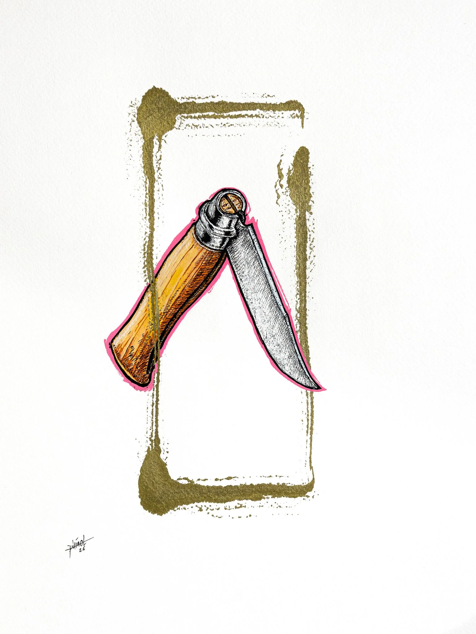 Part of Phinot's series "TOOLS".  Illustration of a wooden-handled outdoor knife, being unfolded. Around the knife is a rough golden frame.