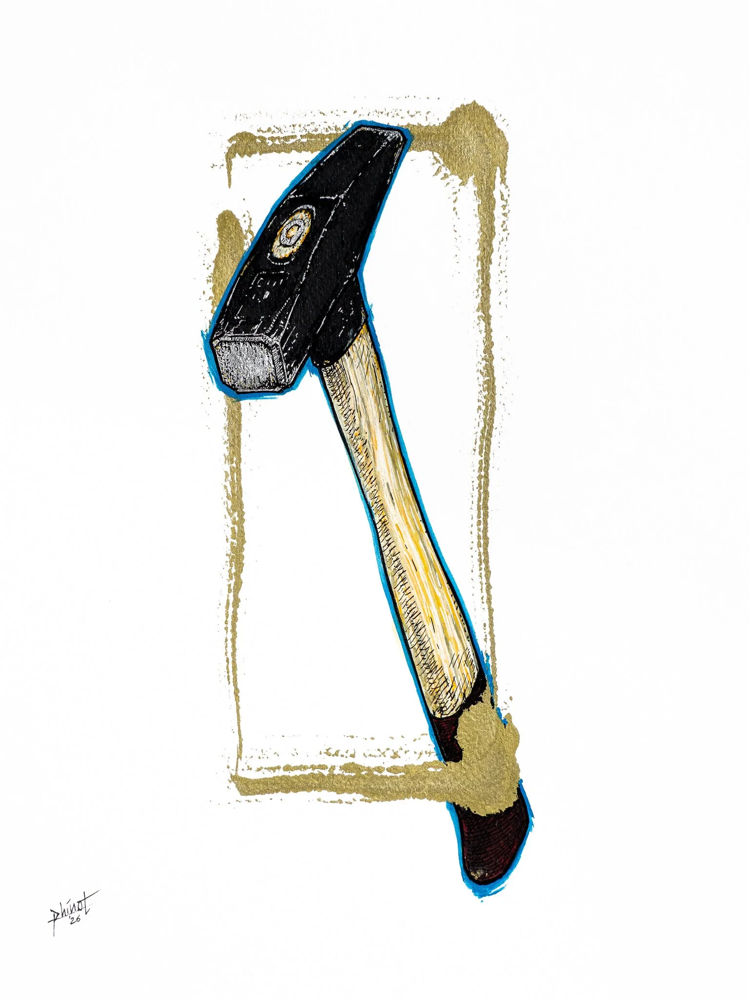 Part of Phinot's series "TOOLS".  An artistic illustration of a hammer with a wooden handle, black head, and a partially visible dark brown-red tip, breaking out of a golden frame.