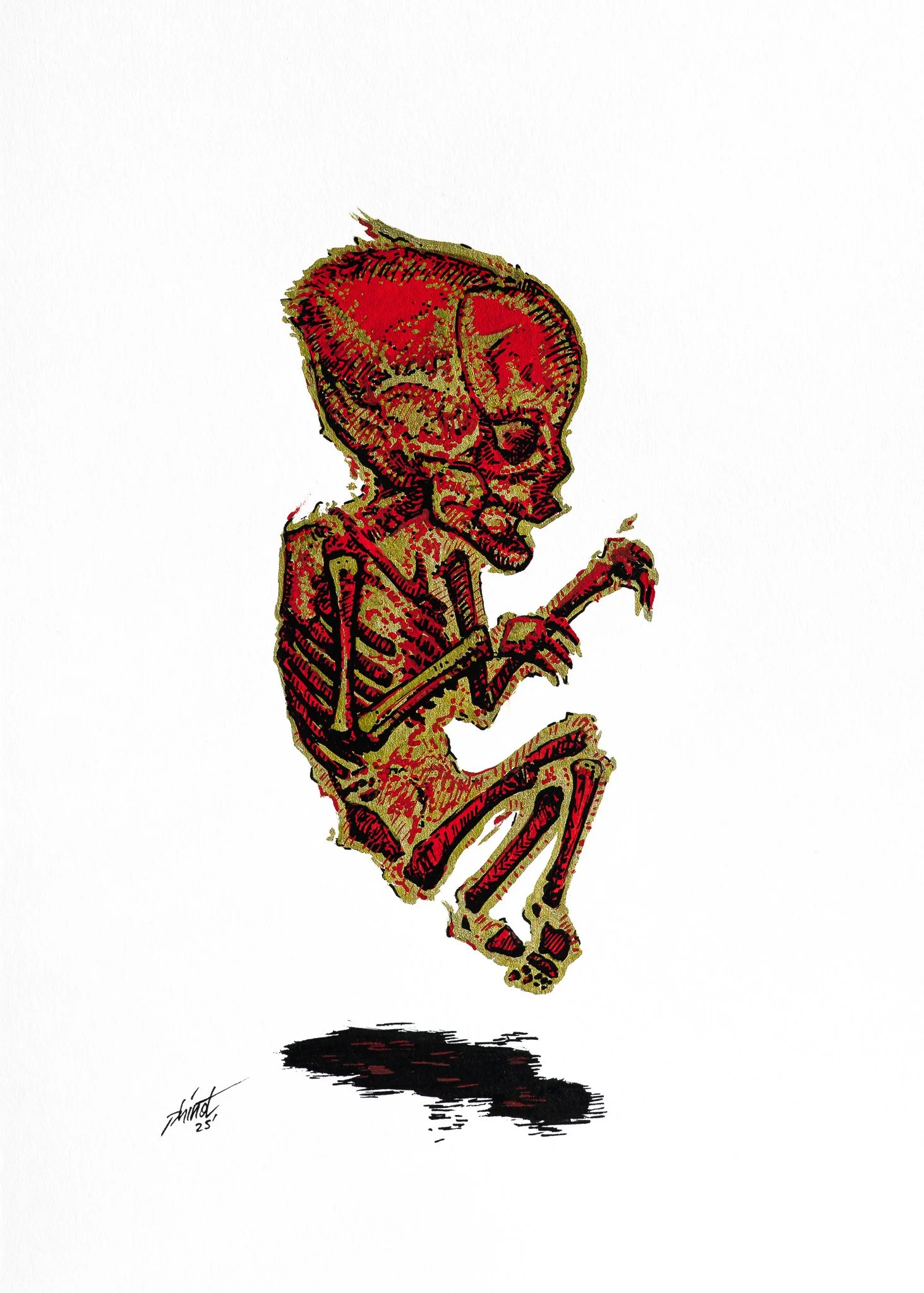 Illustration of a human foetus hovering in the air. The foetus is golden red and mummified.
