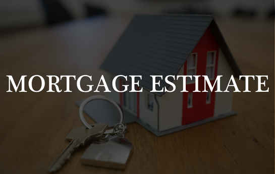 Small model house with keys and keychain on a wooden surface, with the text 'Mortgage Estimate' overlayed.