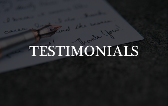 Close-up of a fountain pen on handwritten letter with the word 'TESTIMONIALS' overlayed.