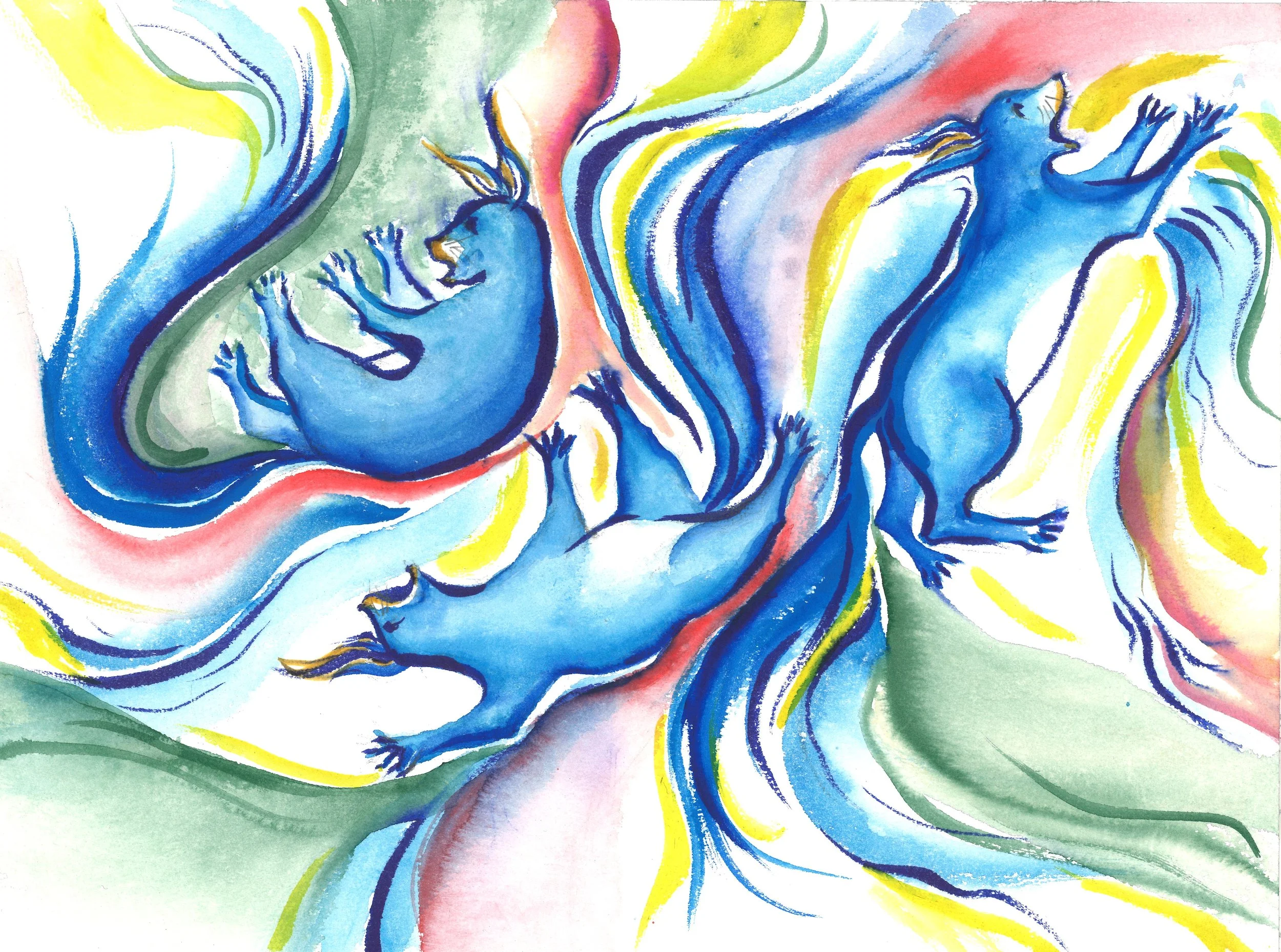 Abstraktes Gemälde mit drei blaue Wesen mit langem Schwanz und Flügel, die in bunter, fließender Umgebung posieren.