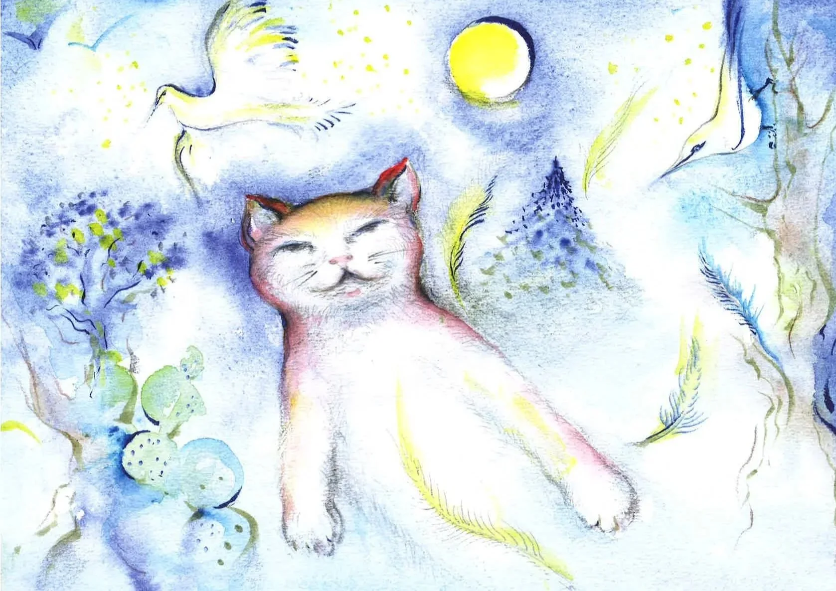 A watercolor painting of a smiling cat lying outdoors at night with the moon in the sky, flying birds, and surrounding trees and plants.