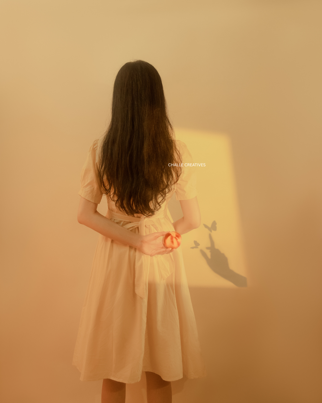 A woman with long, dark hair wearing a light beige dress, seen from behind, holding a peach with a shadow of a hand and small butterflies cast on the wall nearby.