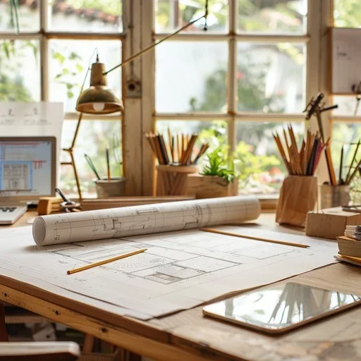 Work desk with rolled architectural plans, pencils, and a tablet, near a window with plants outside.