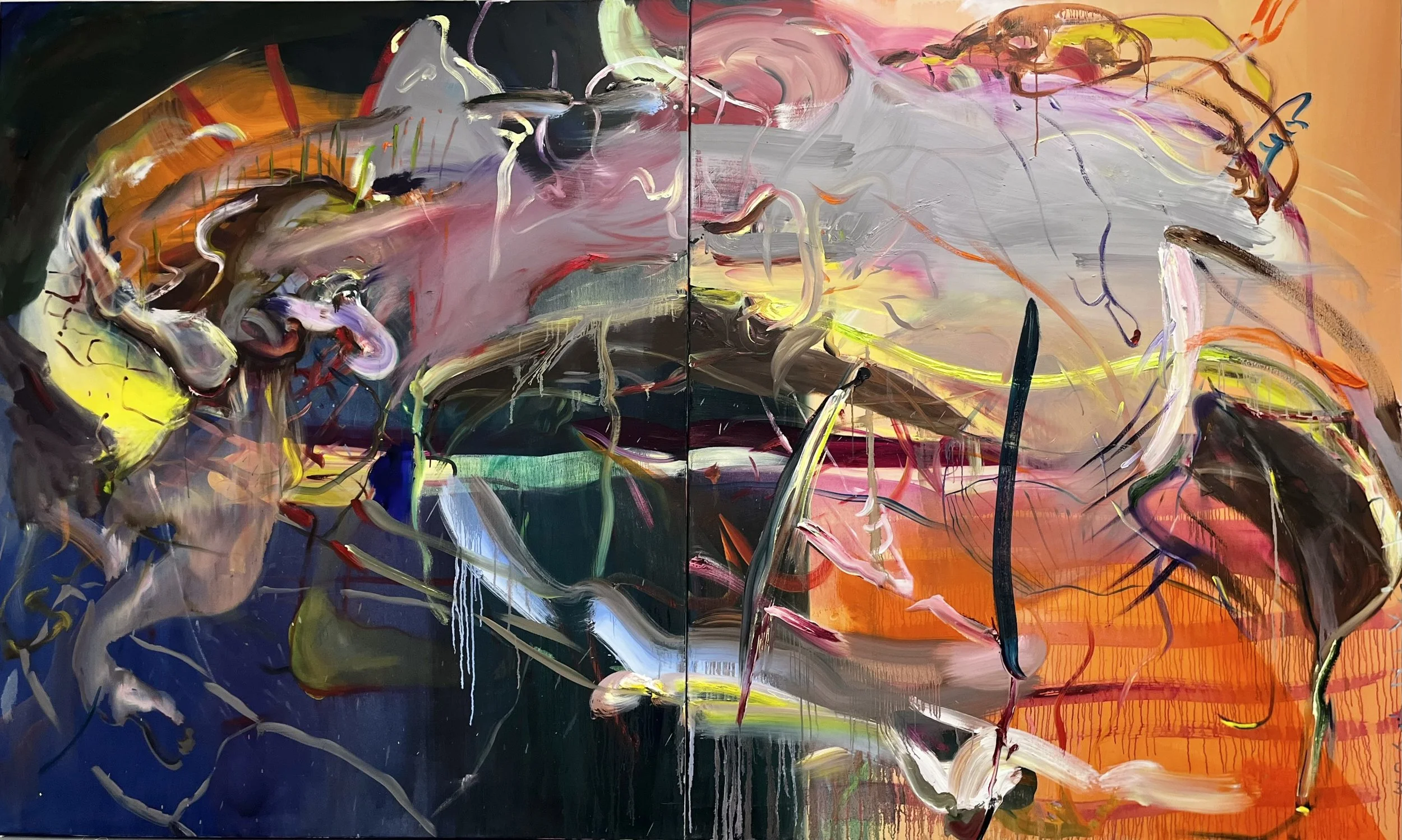 Abstract expressionist painting with vibrant colors, energetic brushstrokes, and swirling lines, blending dark blues, bright yellows, reds, pinks, oranges, greens, and purples.