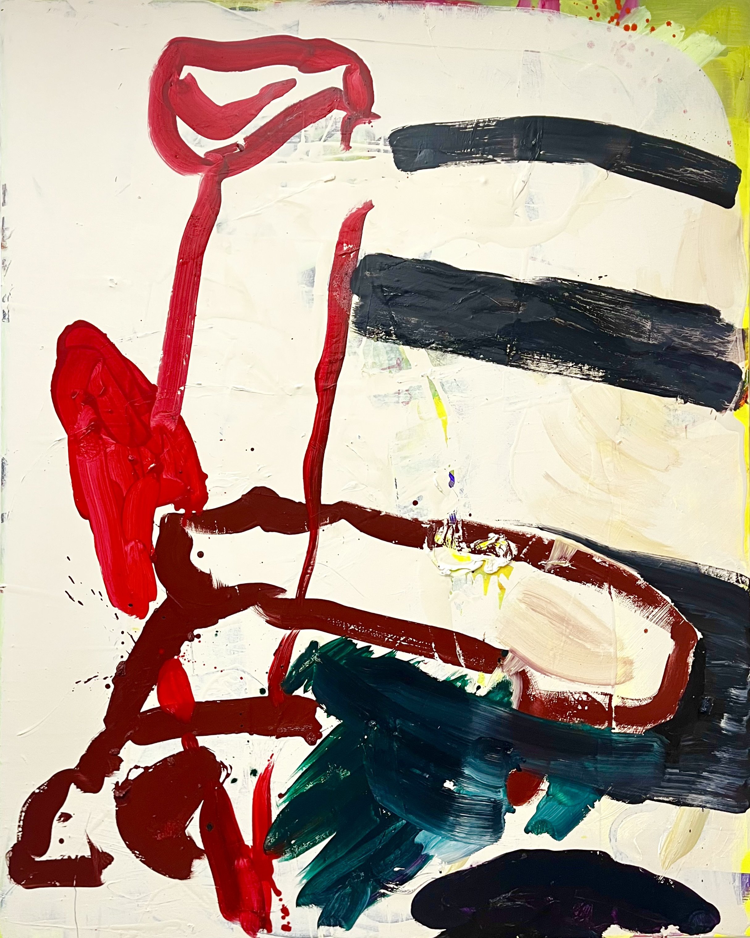 Abstract painting with bold red and black brushstrokes on a white background, with hints of yellow and green.