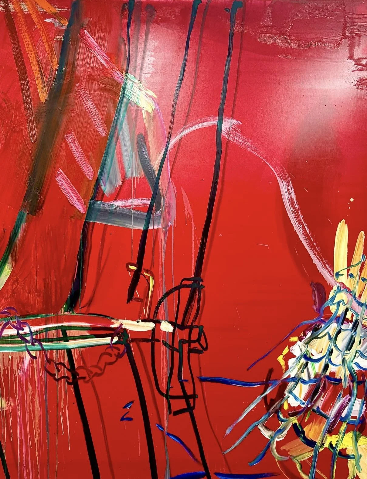 Abstract painting with red background, various colorful brushstrokes, lines, and shapes in yellow, white, blue, green, and black.