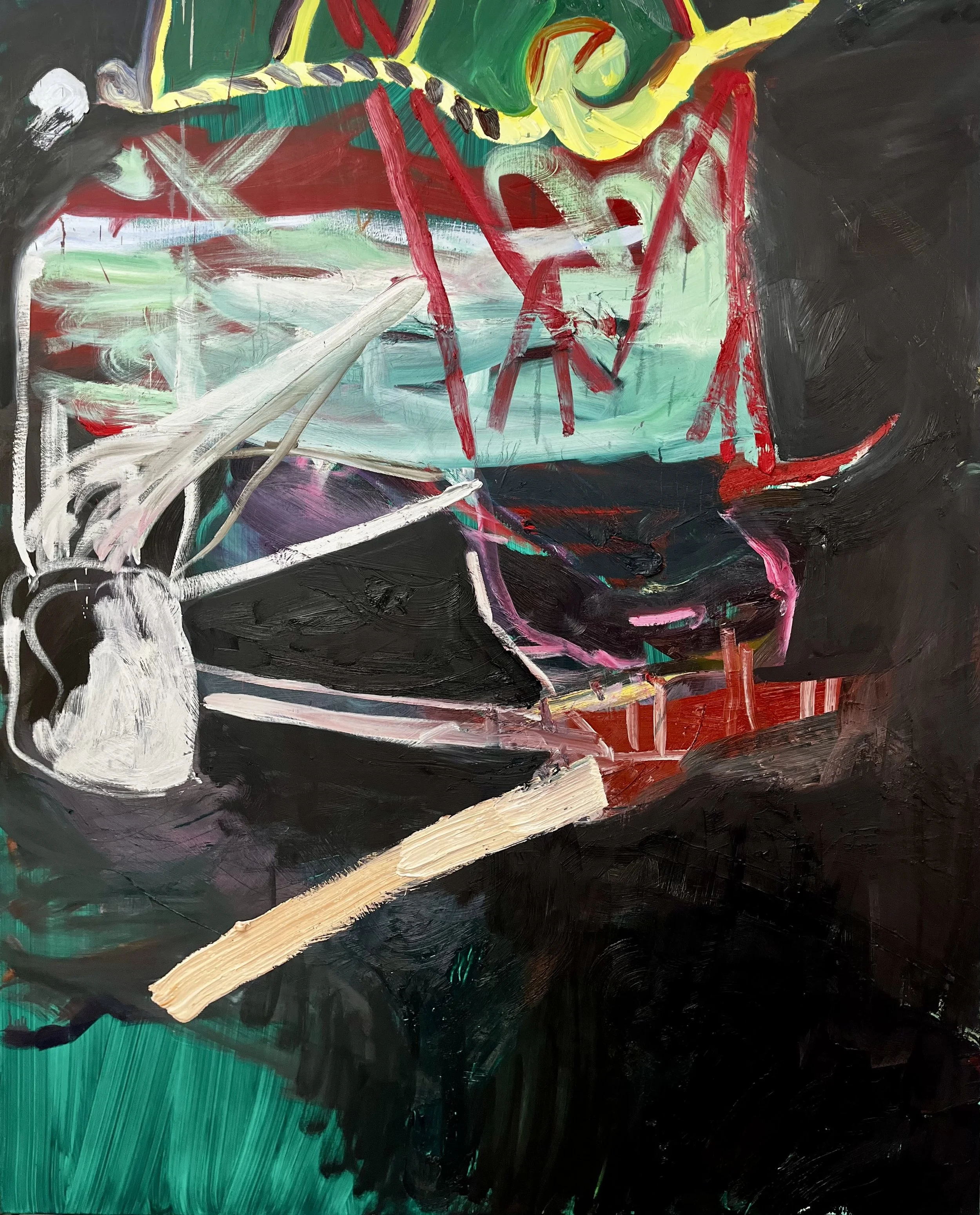 Abstract, gestural painting with bold brushstrokes in black, white, red, green, beige, and teal colors.