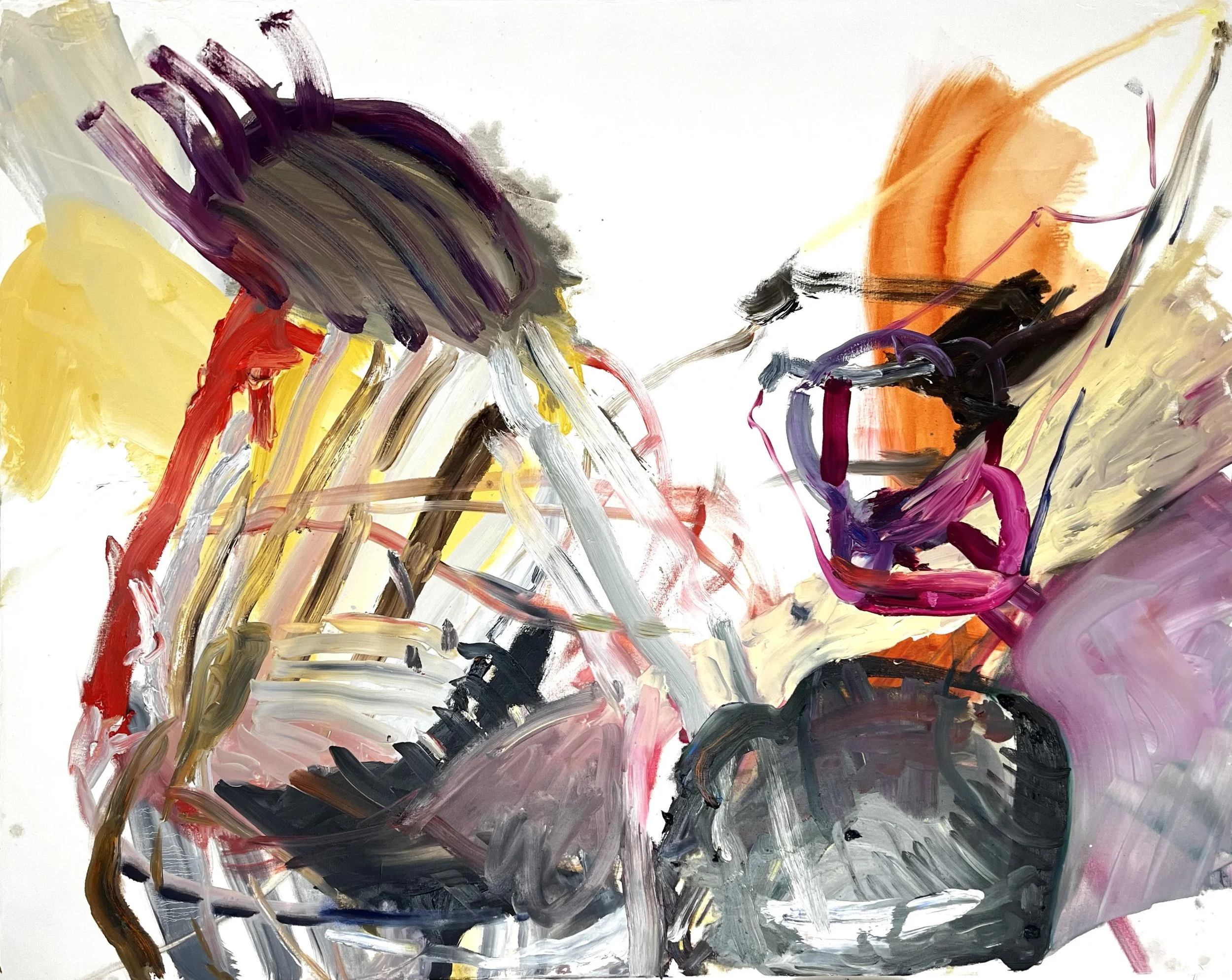 Abstract expressionist painting with bold, colorful brushstrokes in shades of purple, yellow, red, orange, black, white, and gray.