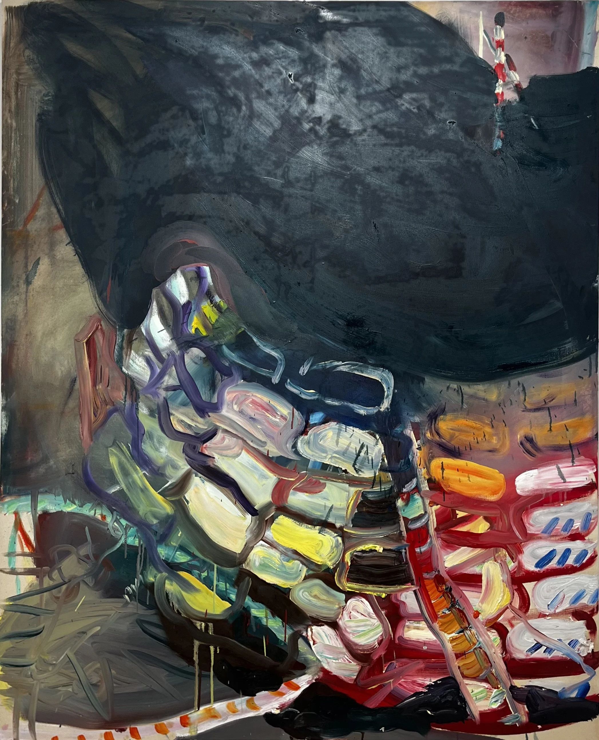 Abstract painting featuring dark hues, with vibrant streaks of yellow, white, purple, red, and blue, depicting a stylized hand and other shapes.