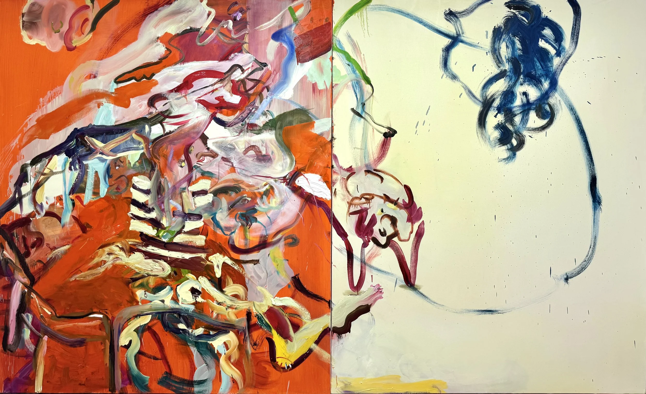 Abstract expressionist painting divided into two sections. The left side features a vivid, colorful piece with dynamic brushstrokes in reds, oranges, pinks, and purples, resembling a chaotic floral or organic scene. The right side shows a more subdued, minimalistic drawing with a light background, featuring simple lines and shapes in blue, pink, and black that suggest a stylized human face or profile.