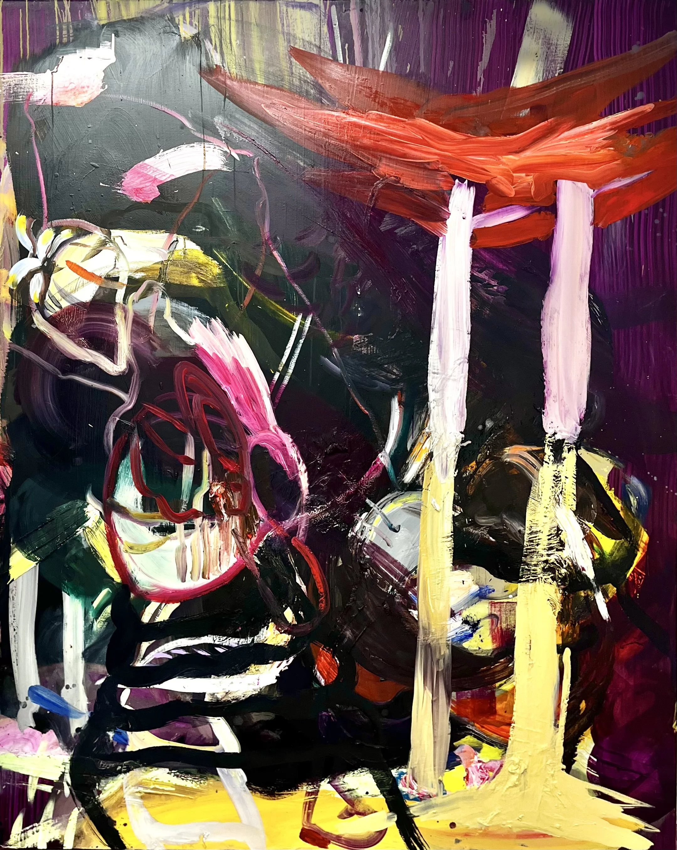 Abstract painting with vibrant colors including black, purple, red, yellow, white, and pink, featuring bold strokes and shapes.