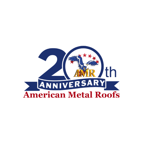 Logo celebrating the 20th anniversary of American Metal Roofs, featuring a stylized eagle with stars and a ribbon with the company name.