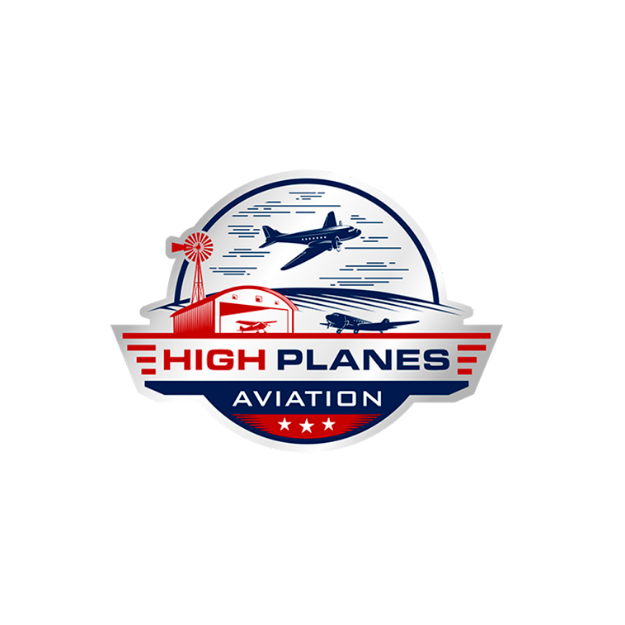 Logo featuring an airplane, a hangar, a control tower, and two aircraft, with text "High Planes Aviation" in red, blue, and white colors.