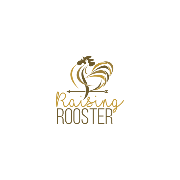 Logo of Rising Rooster featuring a stylized rooster with an arrow beneath; the text 'Rising Rooster' written in gold and brown.