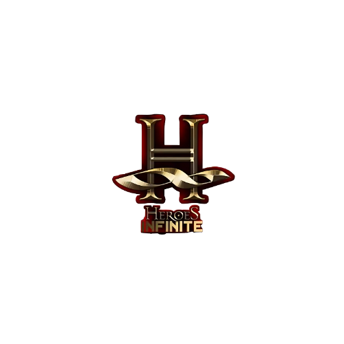 Logo for Heroes Infinite featuring a large gold and dark red letter H with metallic wings and the text 'Heroes Infinite' below.