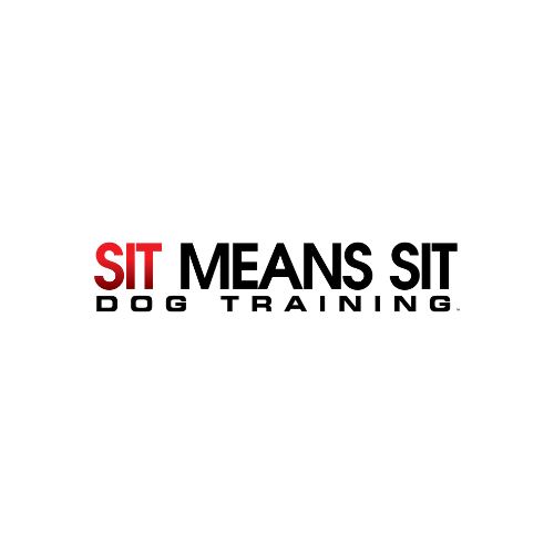 Text graphic that says 'SIT MEANS SIT DOG TRAINING' with 'SIT' in red and the rest in black on a white background.